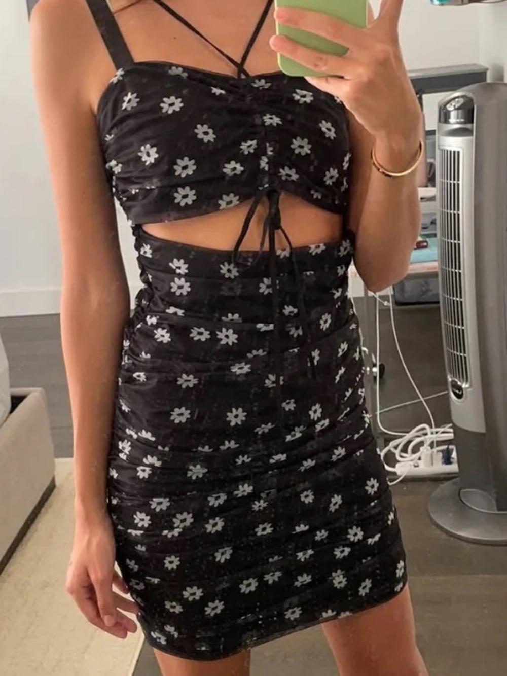 Black Floral Ruched Cut Out Tie Sexy Mini Dress NWT Size Small $100 WHIMSY